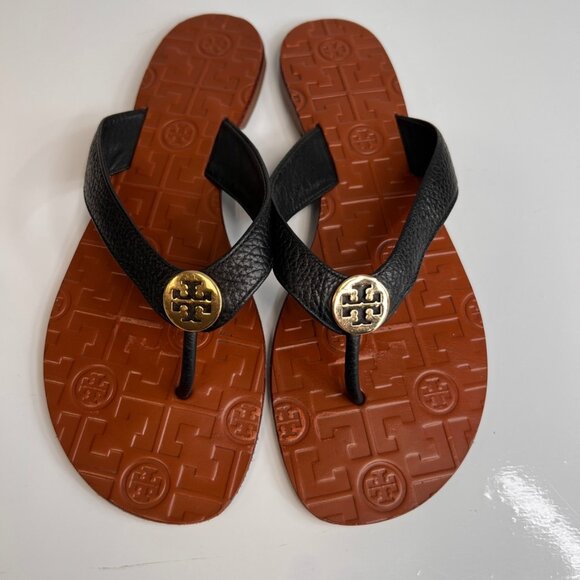 Tory Burch Sandal Women 8 Thora Leather Thong Gold Medallion Flat Party Core Go - Picture 1 of 11